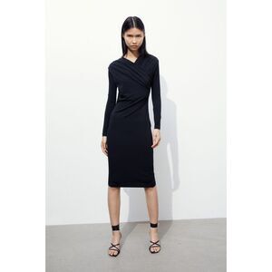H&M Black Sz Large Stretchy Jersey Knit Ruched Long Sleeve Bodycon Midi Dress